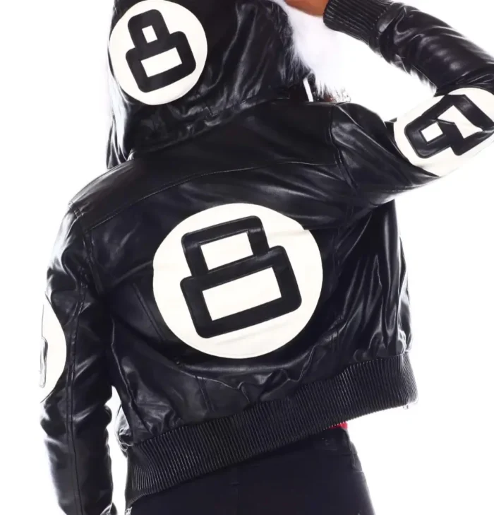 Womens Black 8 Ball Bomber Leather Jacket 02